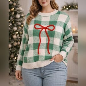 Large BETTER TOGETHER Green White Plaid Sweater Red Bow Cutecore Cozy